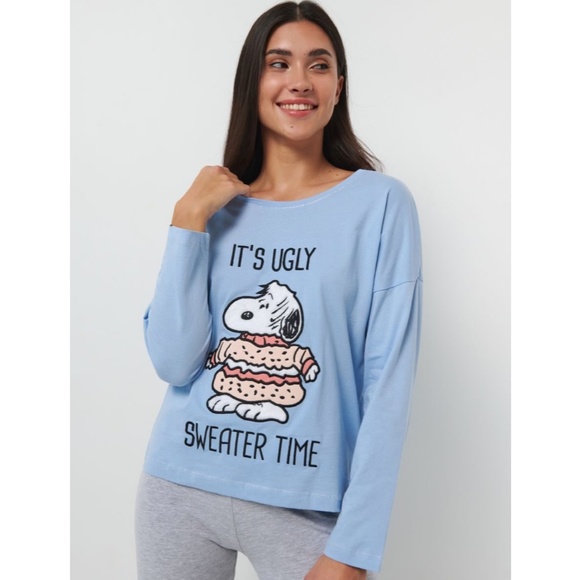 Peanuts Snoopy Women's Cotton Two Piece Lounge Sets Shirt Leggings Blue Gray NWT - Picture 3 of 8